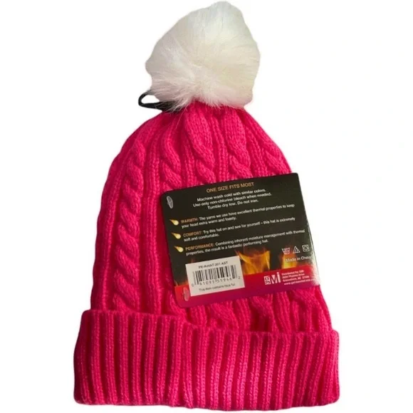 Polar Extreme Pink Cable Knit White Puff Logo Thermal Insulated Hat - Picture 2 of 4